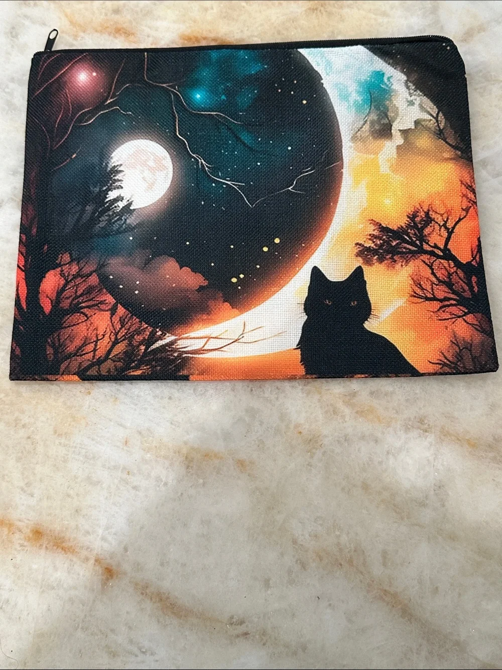Celestial Cat Zip Pouch in Black, Orange & Teal